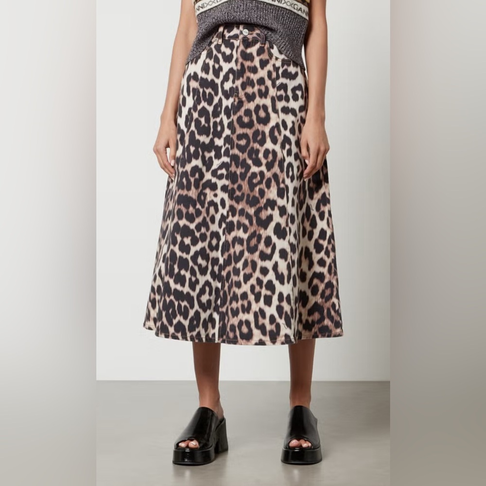 Ganni 100% Cotton Leopard Print Denim Skirt